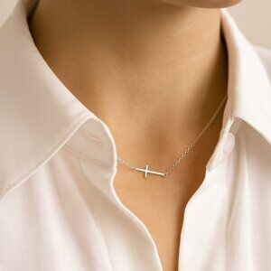 Sterling Silver Sideways Cross Necklace – Dainty Silver Faith Necklace